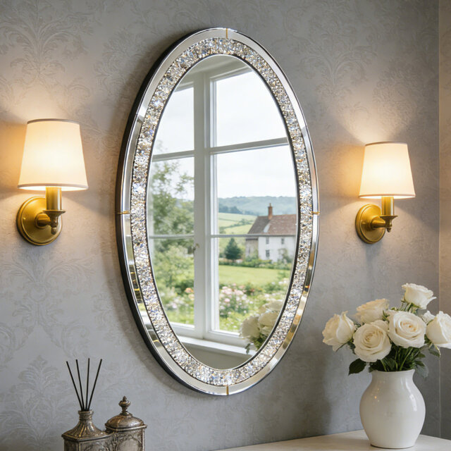 Banff Large Oval Flat Wall Mirror Diamond Accent Mirror 90CM