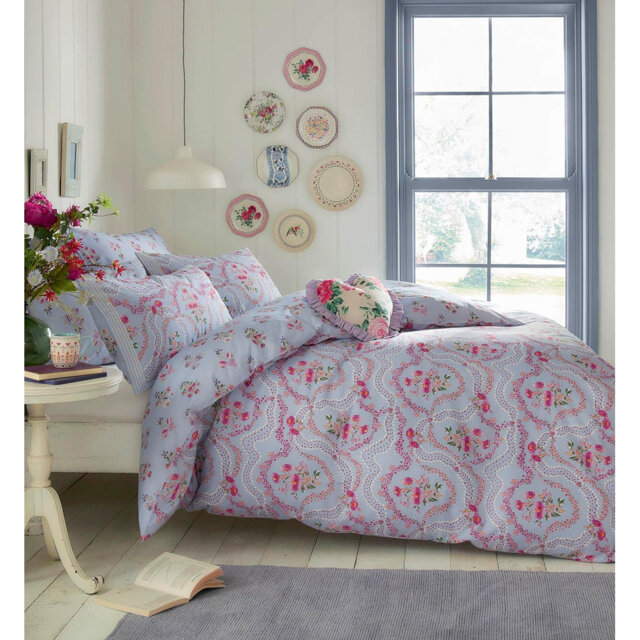 Cath Kidston Affinity Floral Duvet Cover Set Sky Blue Super King Bedding Set