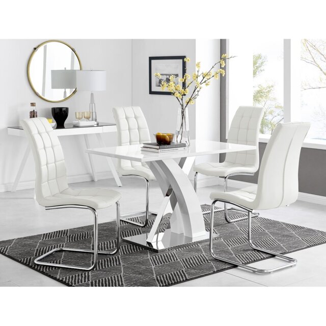 Marietta Chrome Metal and White High Gloss Dining Table Set - 4 Modern Faux Leather Dining Chairs