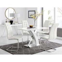 Marietta Chrome Metal and White High Gloss Dining Table Set - 4 Modern Faux Leather Dining Chairs