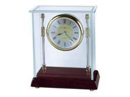 Mid-Century Modern Roman Numeral Acrylic Quartz Movement / Crystal Tabletop Clock in Chrome/Rosewood Hall/Clear