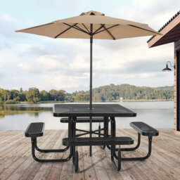 Picnic Table, Outdoor Weather Resistant Patio Dining Furniture Set, Heavy Duty Coated Steel Tables with Umbrella Hole, 45.7 in Square Table and Bench