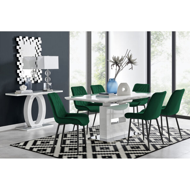 Alezzo Modern High Gloss Extendable Dining Table Set with 6 Luxury Velvet Dining Chairs