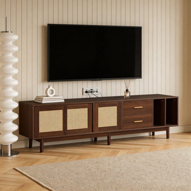 "191 cm Rattan Sliding Door TV Stand, Dark Wood Entertainment Center with 2 Drawers & Storage Cabinet, Media Console for 80"" TV, Living Room Bedroom"
