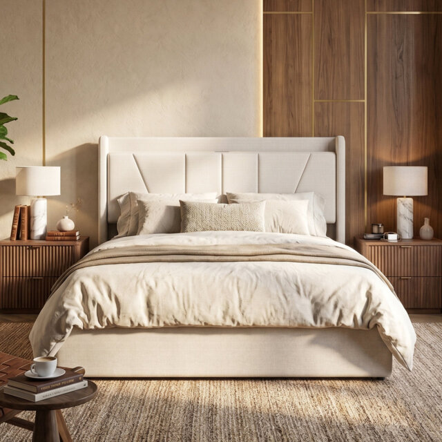 Linen Ottoman Bed with Built-in Cahrging Station, Modern Gas-Lift Storage Bed, Beige/Grey,  EU Double/King 140/160x200cm