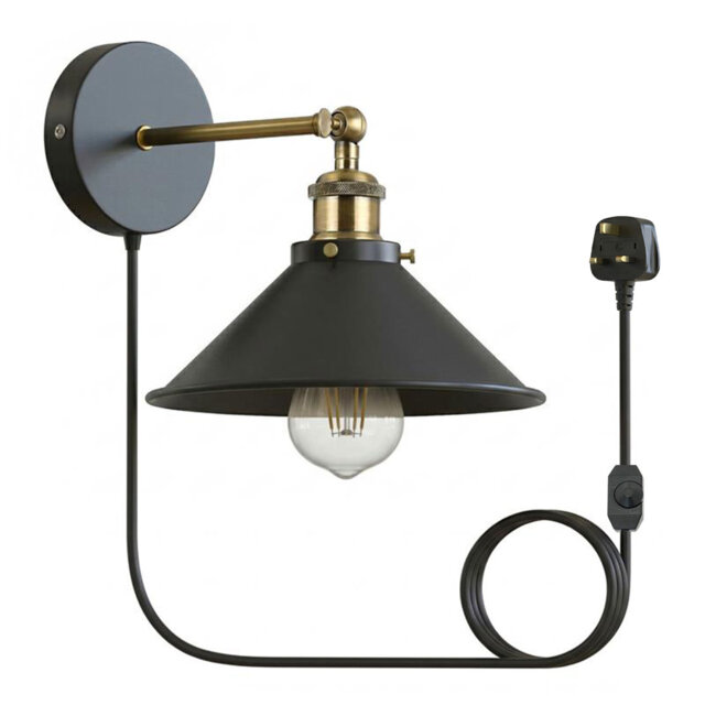 Retro Industrial Wall Light Plug in Wall Lamp Metal Cone Shape Shade Indoor Light Fitting