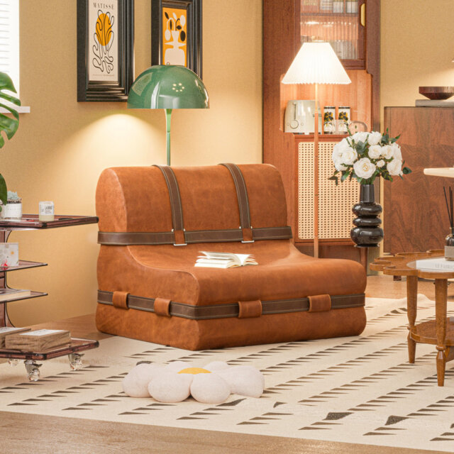 Vegan Leather Bean Bag Chair Armless Floor Lounger Fireside Chairs, Mid-Century Upholstered Accent Chair Single Sofa