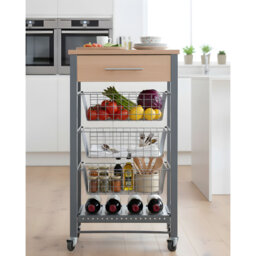 April Kitchen Trolley With 3 Baskets, Stainless Steel Box, Bottle Rack And Beech Colour Chart