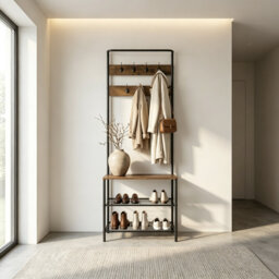 Hall Tree Entryway Organizer, Coat Rack with Hanging Rail, Multi-Tier Shoe Storage Shelves & 9 Hooks, Space-Saving Freestanding Hallway Bench Organize