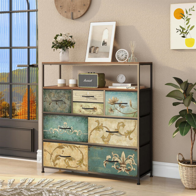 Chest Of Drawers With Open Shelf Dresser For Bedroom With 8 Drawer Storage Organizer Unit TV Stand For Living Room Hallways Closet With Wooden Top Met