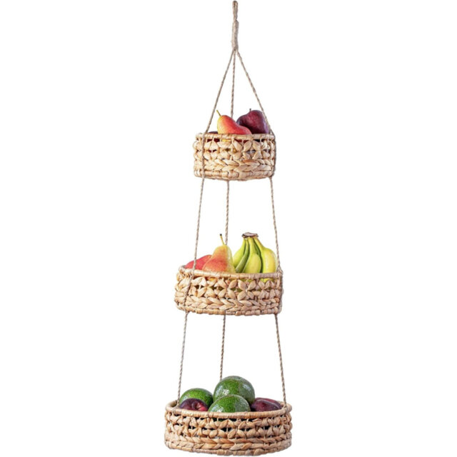 Hanging Fruit Basket Woven 3 Tier Baskets For Kitchen, Handmade Handwoven Rattan Produce Vegetable Kitchen Counter Space Savers Storage Round Organise