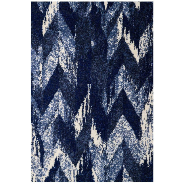 Dark Blue Navy Striped Distressed Shaggy Area Rug, Abstract Geometric, 160x240cm for Living Room/Bedroom.