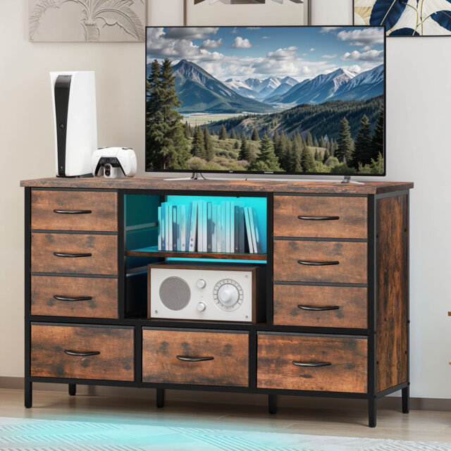 120CM TV Cabinet For Tvs Up To 55 Inches With RGB LED Lighted & 9 Foldable Drawers Brown