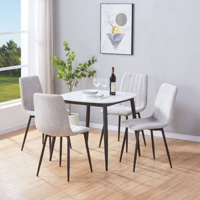 Aspen Sintered Stone Square Table with 2 Straight Stitch Upholstered Fabric Chairs - Modern Dining Set