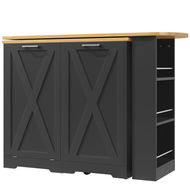 360° Rotating Kitchen Island With 1 Door And 1 Trash Can Black