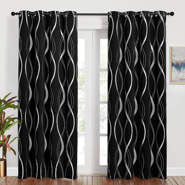 Thermal Door Curtains Blackout Foil Black Silver Wave Line Printed, 132 x 213 cm,2 Panels