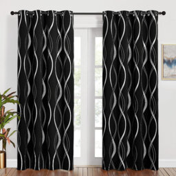 Thermal Door Curtains Blackout Foil Black Silver Wave Line Printed, 132 x 213 cm,2 Panels