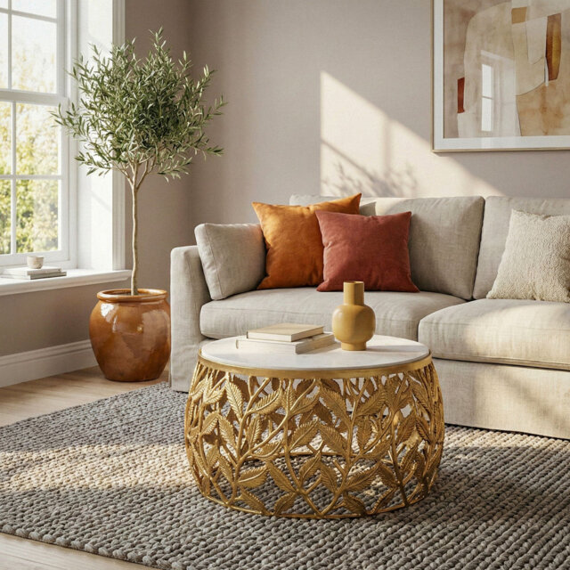 Round White Marble Coffee Table with Silver Aluminium Base