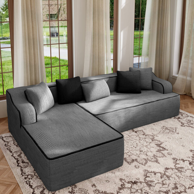 Modern Padded Plush Corduroy Cloud Corner Sofa With L-shaped Chaise And Deep Seating, No Assembly Required, For Living Room Office Apartment