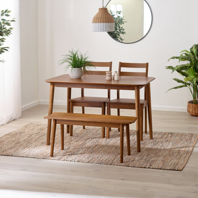 Abelina Small Walnut Effect Wooden Dining Table With 2 Chairs & Bench - Traditional Rustic Farmhouse Style