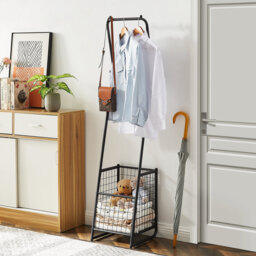 Metal Coat Rack Stand with Anti-Drop Design, Hall Trees with Steel Basket, Small Garment Organizer with 2 Handy Cloth Rails and Slipper Space, Brown