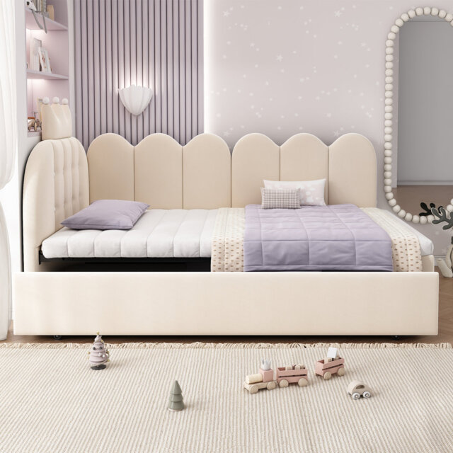 CrownLattice Upholstered Single Daybed with Pull Out Trundle, Crown-shaped Guest Beds