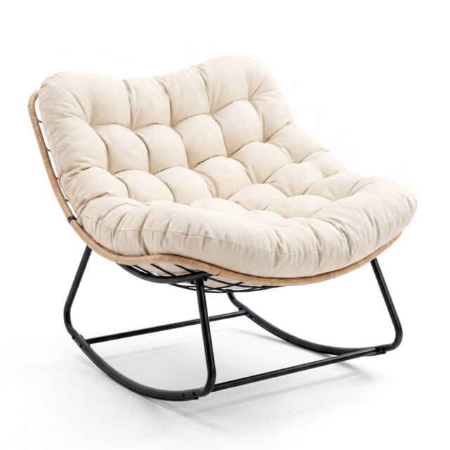 Oversized Wicker Rattan Patio Rocking Chair, 450 lb Heavy-Duty Steel Frame, Thick Removable Cushion, All-Weather Indoor/Outdoor Porch Rocker