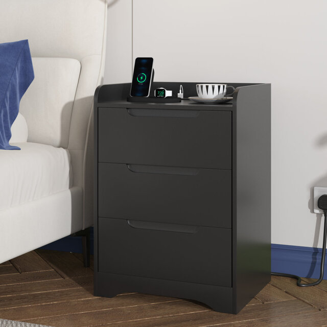 3 Drawer Bedside Table with Charging Station, Bedside Cabinet with Spacious Tabletop, 2 AC Sockets, 1 USB-A & 1 USB-C Port, 35cm W Bedside Table