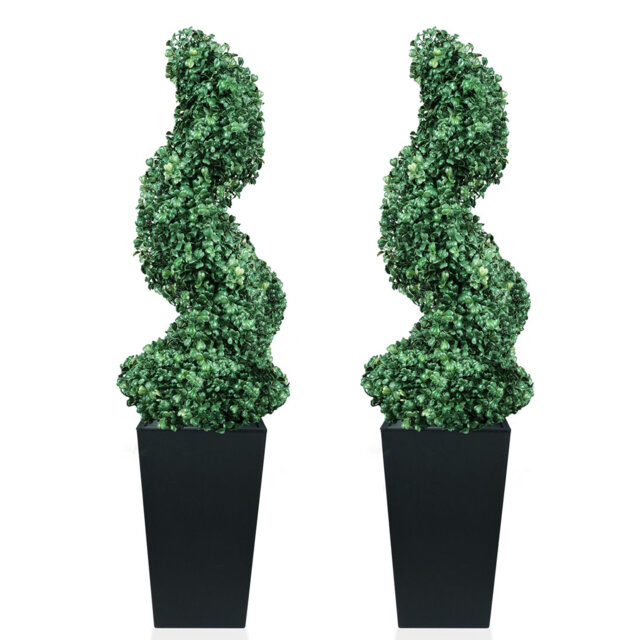 Artificial Boxwood Spiral Topiary Tree with Tall Black Planter, 3ft 2 Pack