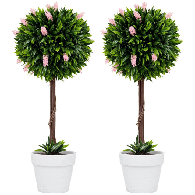 Set Of 2 Decorative Artificial Plants Ball Trees With Lavender Flowers In Pot Fake Plants For Home Indoor Outdoor Decor