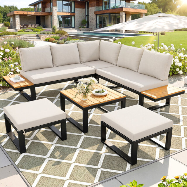 6-Piece Outdoor Lounge Set, L-Shaped Sofa With Coffee Table & Cushions