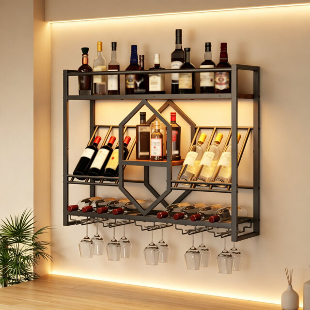 Wine Bottle & Glass Rack Rustic Brown + Black
