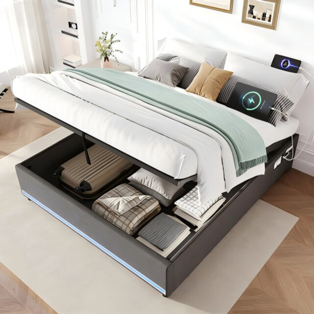Hydraulic Storage Bed Frame, Grey No Headboard Linen Bed With App Control Led Lights, Side Charging Station & Side Pockets, Metal-wood Support, No Box