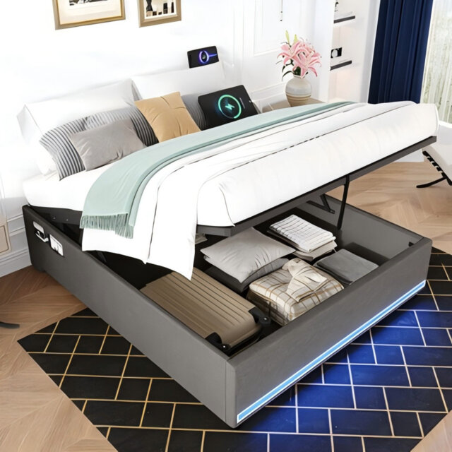 Hydraulic Storage Bed Frame, Grey No Headboard Linen Bed With App Control Led Lights, Side Charging Station & Side Pockets, Metal-wood Support, No Box