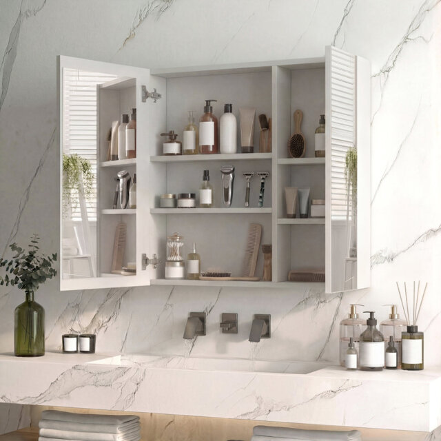 Bathroom Mirror Cabinets With LED Lights, Storage Wall-Mounted Bathroom Vanity With Mirror And 2 Doors, Medicine Cabinet With Anti-Fog And 3 Color Adj