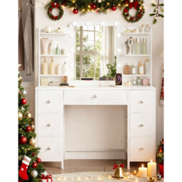 Dressing Table with Mirror, Vanity Desk with 3-Color LED Lights Adjustable Brightness, 7 Fabric Drawers, 6-Layer Shelves, Modern Makeup Vanity Table f