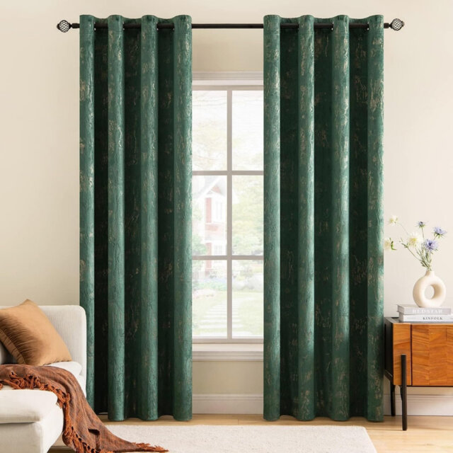 Dark Green Velvet Curtains with Gold Foil,2 Panel Set Blackout Curtains for Living Room 168 x 229 cm