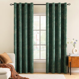 Dark Green Velvet Curtains with Gold Foil,2 Panel Set Blackout Curtains for Living Room 168 x 229 cm
