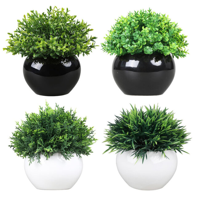 4PCS Artificial Mini Bonsai Plant, Faux Greenery Desk Plant with Ceramic Pot, Fake Green Grass Plant for Bathroom, Bedroom, Living Room Decor