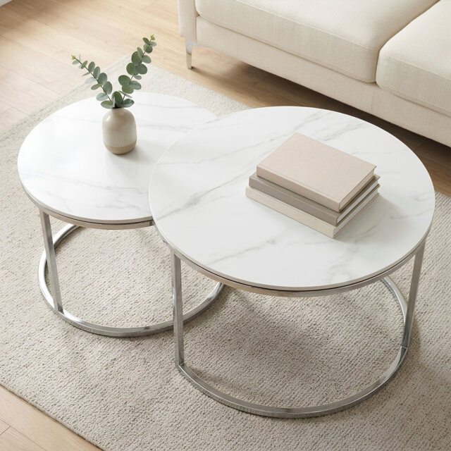 NOVA Modern Nesting Coffee Table Set – 2-Piece Sintered Stone Tables with Chrome Gold/Silver Legs