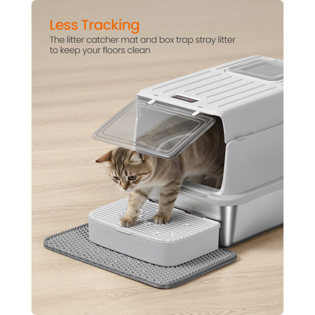Stainless Steel Cat Litter Box With Flip Lid, Scoop, Litter Mat, 2 Doors, For Cats Up To 15 Kg, Dove Grey