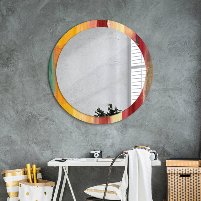 Huldar Round Glass Framed Wall Mounted Accent Mirror in Red/Yellow/Beige