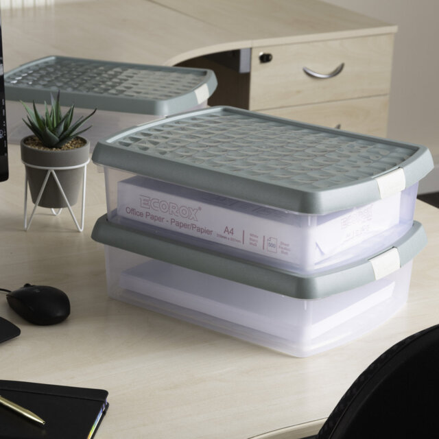 Wham Clip 8.5L Rectangular Plastic Storage Boxes with Secure Clip Lock Lids. L:39 x W:29 x H:10.5cm Clear/Stone/Slate Grey