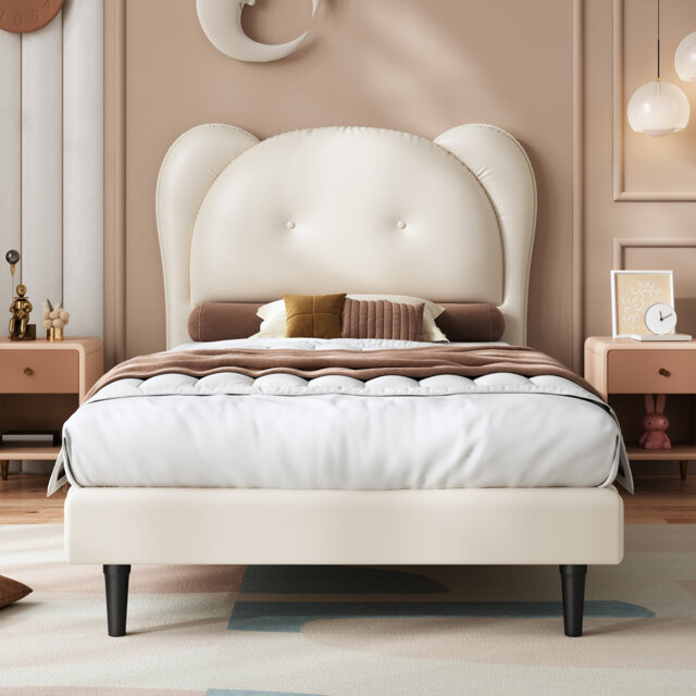 Single PU Upholstered Bed With Animal-Shaped Headboard & Sturdy Slatted Base, Beige, 90X200cm