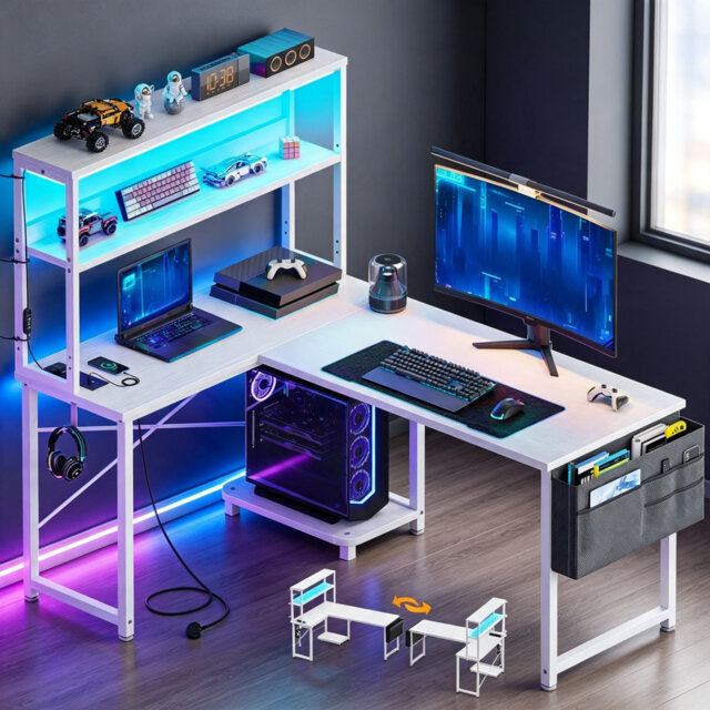 L-Shaped Gaming Desk with LED Lights & Power Outlet, 110 × 80 cm Reversible Corner Computer Desk with Shelves, Storage Bag and Headphone Hook