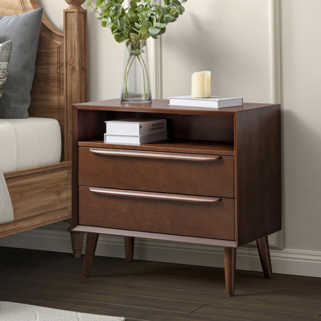 Aviannah Mid-Century Modern 2 - Drawer Nightstand With Built-In Charging Station And Legs And Open Shelf