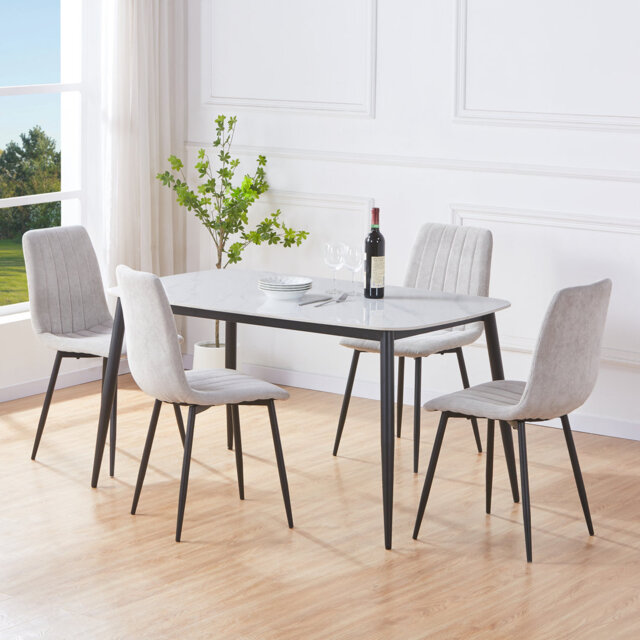 Aspen Sintered Stone Square Table with 2 Straight Stitch Upholstered Fabric Chairs - Modern Dining Set