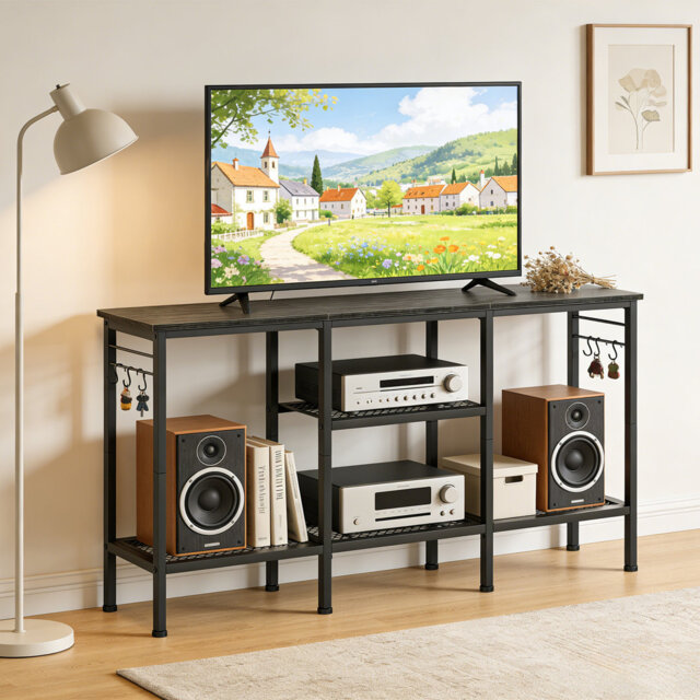 Modern Office Computer Desk – Black TV Stand with Soundbar Shelf, Open Storage, Cable Management – Fits TVs Up to 55 Inches, Easy Assembly, Perfect fo