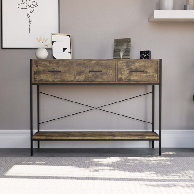Sylvie 3 Drawer Console Table for Hallway, Industrial Style Living Room Furniture With Metal Legs