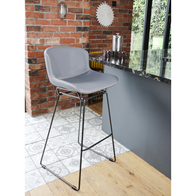 Upholstered Grey Bar Stool , 76.5cm, 4 Leg Metal Frame, Kitchen Counter Stool, Set of 2